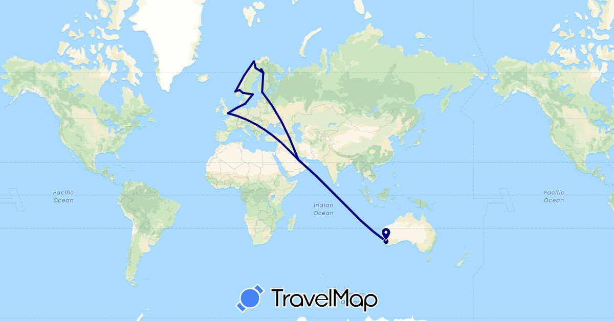 TravelMap itinerary: driving in Australia, Denmark, Finland, United Kingdom, Norway, Qatar, Sweden (Asia, Europe, Oceania)